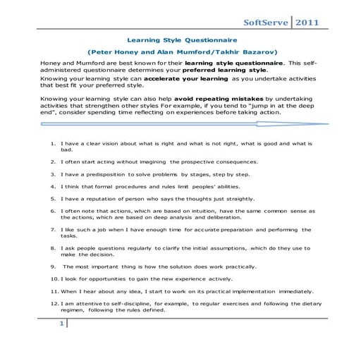 Questionnaire of learning style 1 | DOC
