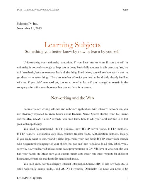 Learning subjects for junior level developers at Skitsanos Inc.