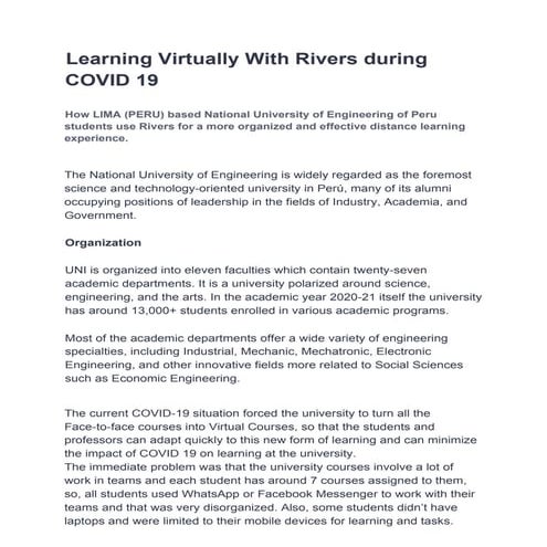 Learning virtually with Rivers during Covid 19