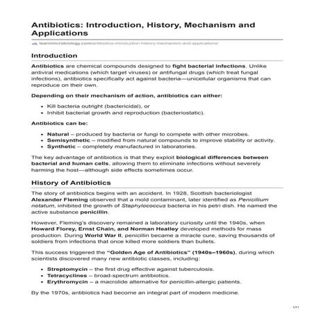 Antibiotics: Introduction, History, Mechanism and Applications