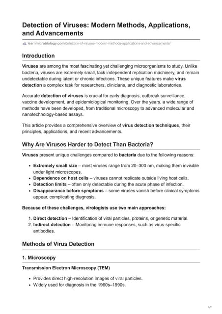 Detection of Viruses: Modern Methods, Applications, and Advancements
