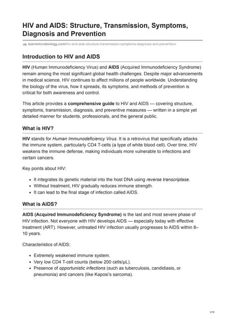 HIV and AIDS: Structure, Transmission, Symptoms, Diagnosis and Prevention