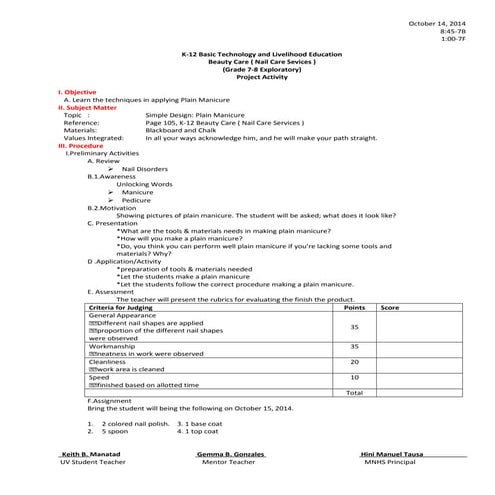 Leasson plan in TLE manicure