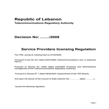 TRA's 2009 Draft Law for Service Provider Licensing Regulation