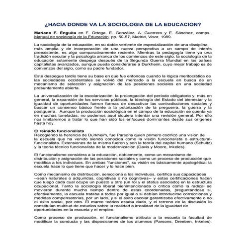 Lectura Hacia Donde Va La Sociologia De La Educacion PDF