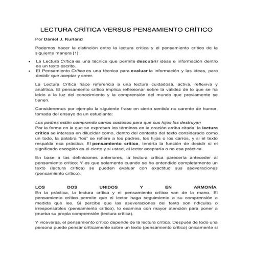 Lectura crítica versus pensamiento crítico