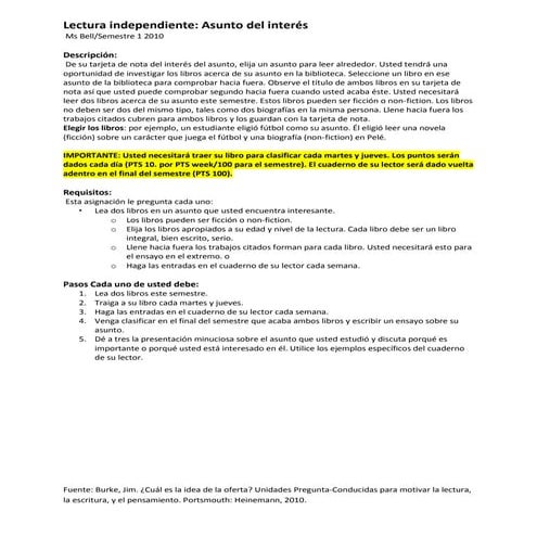 Lectura independiente independendent reading essay presentation instructions in spanish