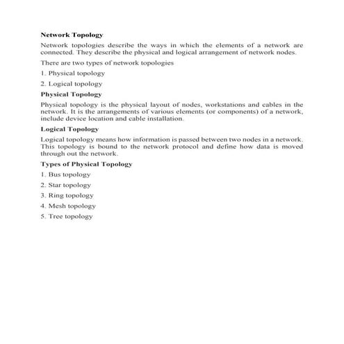 What is network topology, Bus, Star, Ring, Tree, Mesh topology