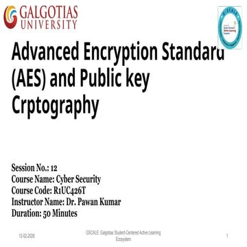 Lecture-13 AES Encryption standard , Public key cryptography.pptx