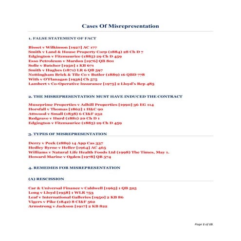 Lecture 11 misrepresentation - cases | DOCX