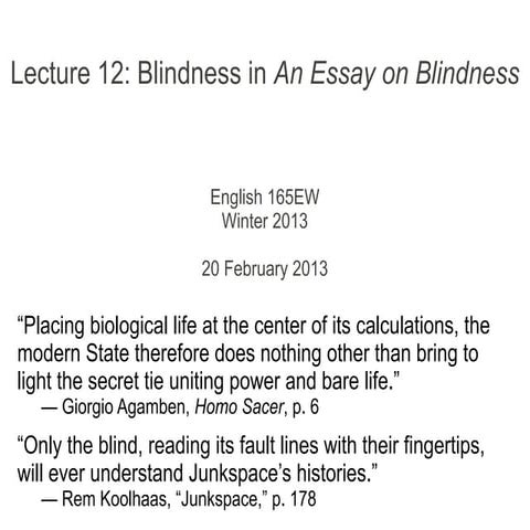 Lecture 12 - Blindness in An Essay on Blindness