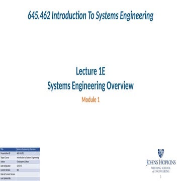 Lecture 1E Systems Engineering Overview, overview of Systems ...