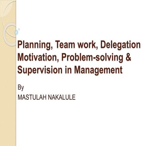 Health service Planning, Team work, Delegation and  Motivation in Management....