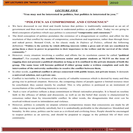 Lecture five on politics as compromise and consensus