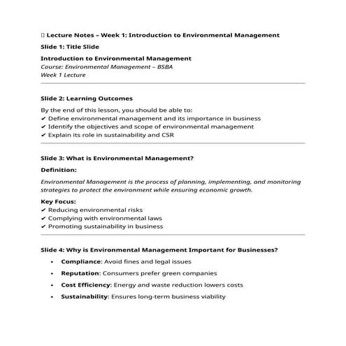 Introduction to Environmental Management Course: Environmental ...