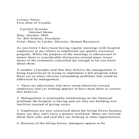 Lecture Notes First Hint of Trouble    CareNet Systems   .docx