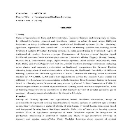 Lecture outline - Farm Based Livelihood Systems