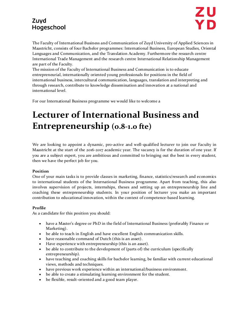 Lecturer International Business And Entrepreneurship