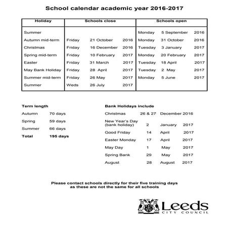 Leeds school calendar 2016 2017 | PDF