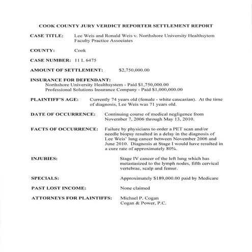 Lee Weis settlement report