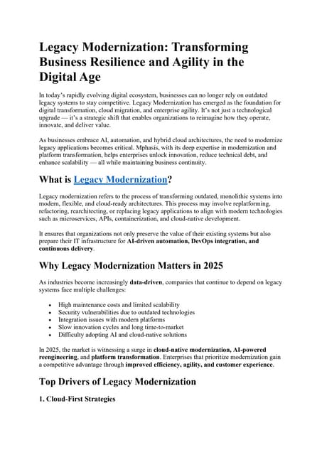 Legacy Modernization: Transforming Business Resilience and Agility in the Digital Age