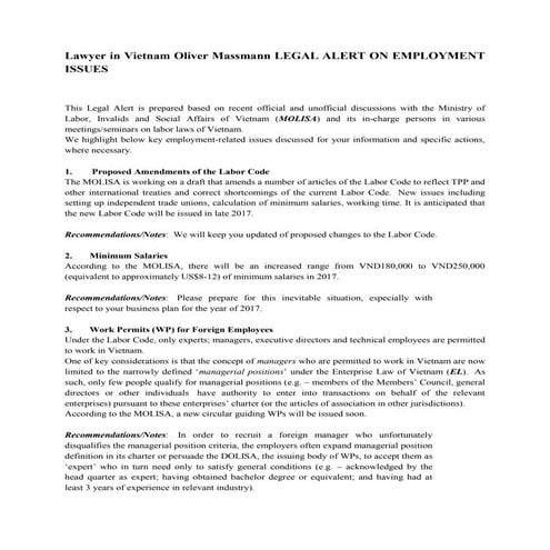 Lawyer in Vietnam Oliver Massmann LEGAL ALERT ON EMPLOYMENT ISSUES