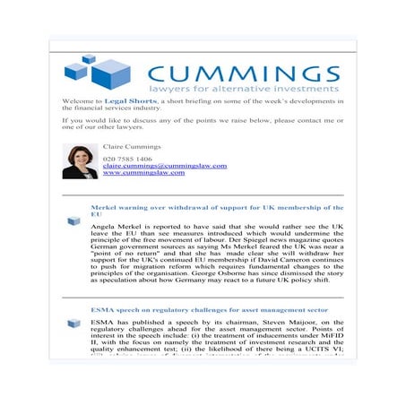 Legal shorts 07.11.14 including merkel warning over withdrawal of support for...