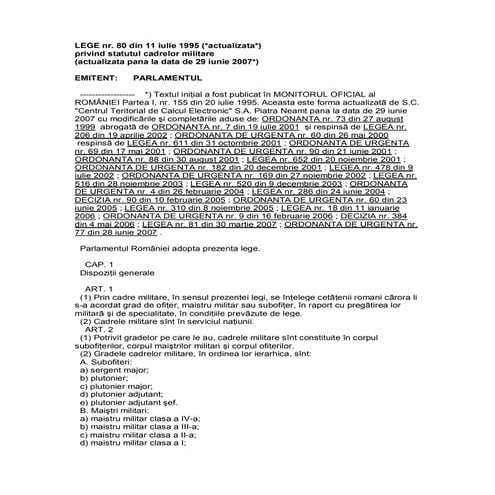 Legea nr. 80 din 1995 Statutul cadrelor militare actualizată