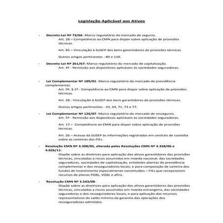 Legislacao aplicavel aos ativos.