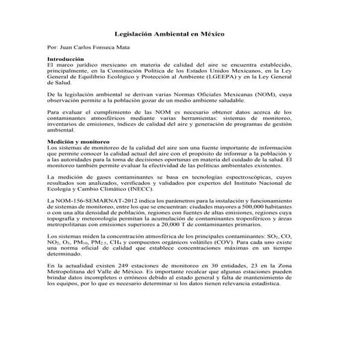 La Legislación Ambiental en la República Mexicana