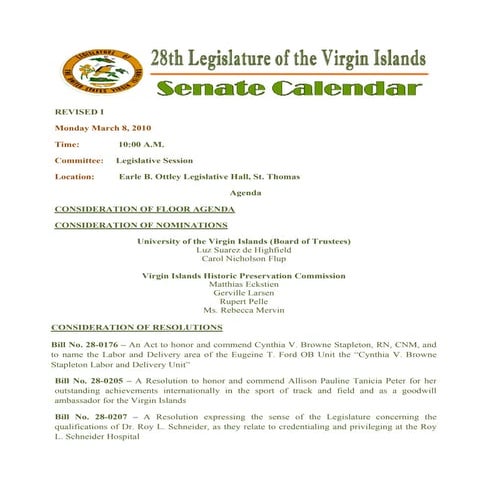 Legislative Calendar Weekending 031210