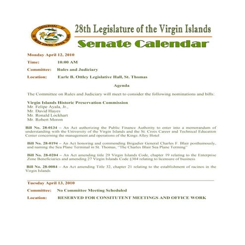 Legislative Calendar Weekending 041610