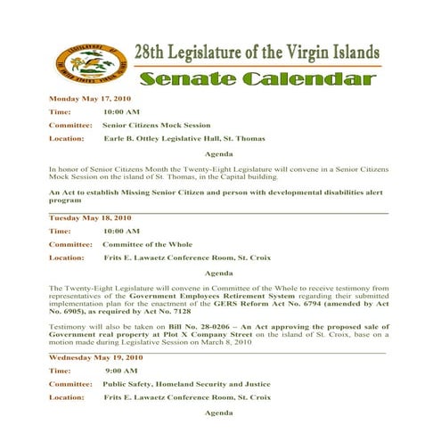 Legislative Calendar Weekending 052110