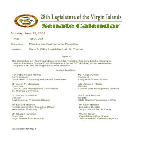 Legislative Calendar Weekending 062609