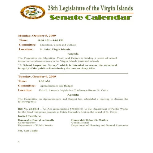 Legislative Calendar Weekending 100909
