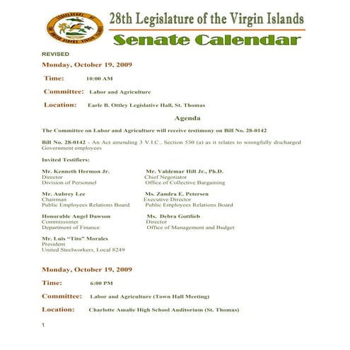 Legislative Calendar Weekending 102309
