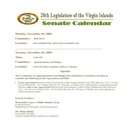 Legislative Calendar Weekending 111309