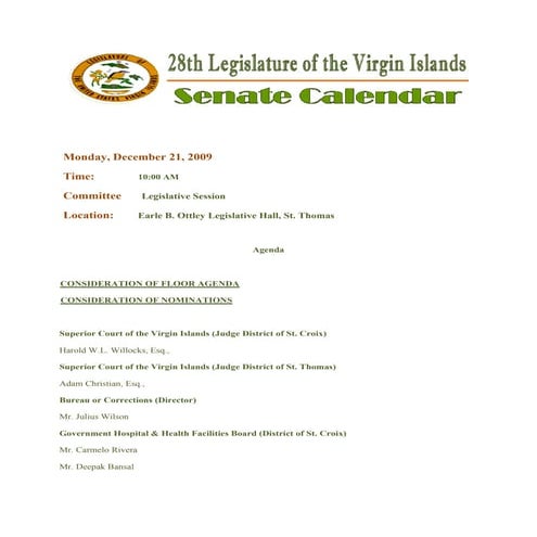 Legislative Calendar Weekending 122509