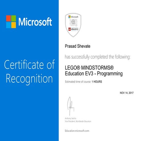 Microsoft Certificate Lego mindstorms- education ev3 - programming 
