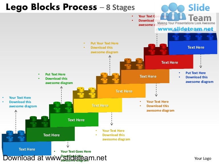 Lego blocks and pieces stacked on top of one another process 8 stage…