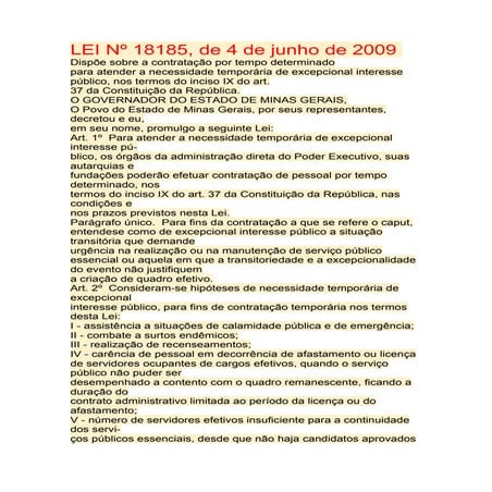 LEI Nº 18185, de 4 de junho de 2009  Dispõe sobre a contratação por tempo det...