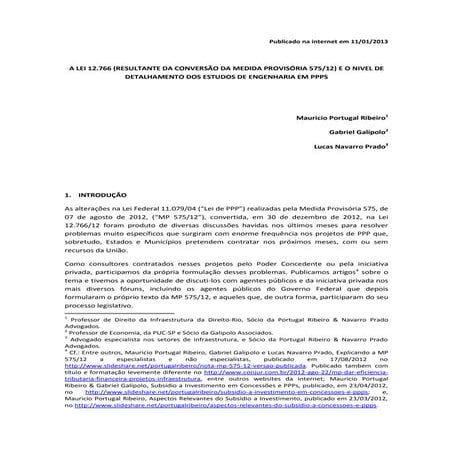 A Lei 12.766/12 e o nivel de detalhamento dos estudos de engenharia em ppps 