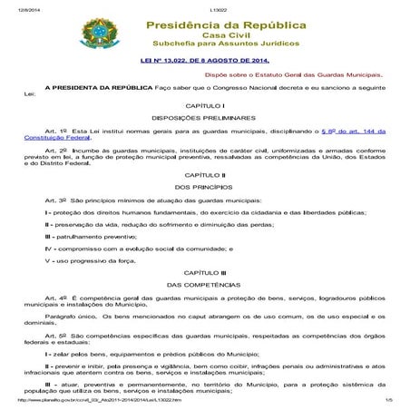 Lei 13022 de 08 de agosto de 2014 - Estatuto Geral das Guardas ...