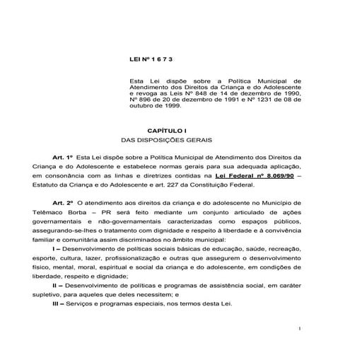 Lei 1673 CMDCA Telemaco Borba