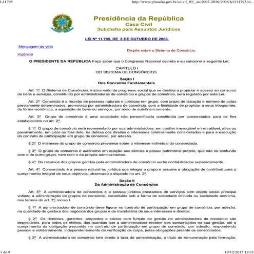 Lei nº 11.795, de 8 de outubro de 2008 sistema de consórcios | PDF