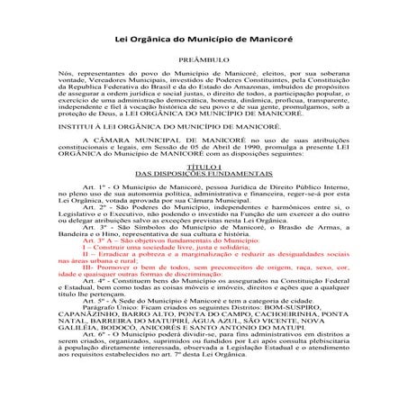 Lei orgânica do município de manicoré | PDF