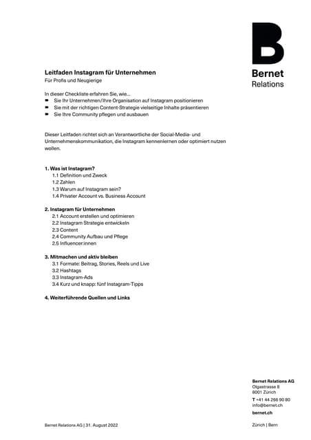 Bernet Leitfaden Instagram für Unternehmen