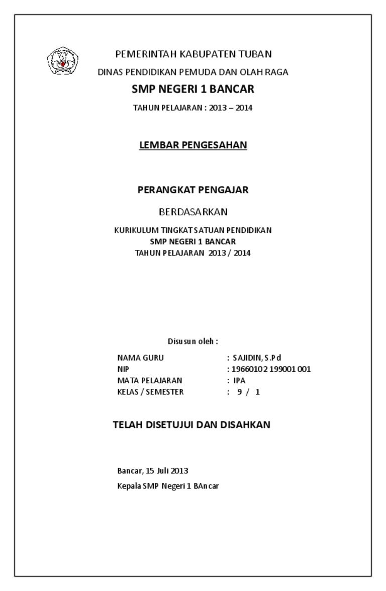 Lembar Pengesahan Rpp K13 - Lembar Pengesahan Perangkat Pembelajaran ...