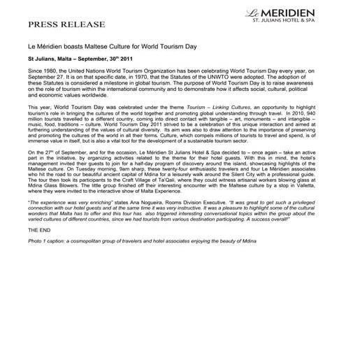 Le meridien maltese culture tourism day pr