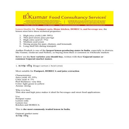 Lemon Quality and variety by B Kumar Food Consultancy Services | PDF